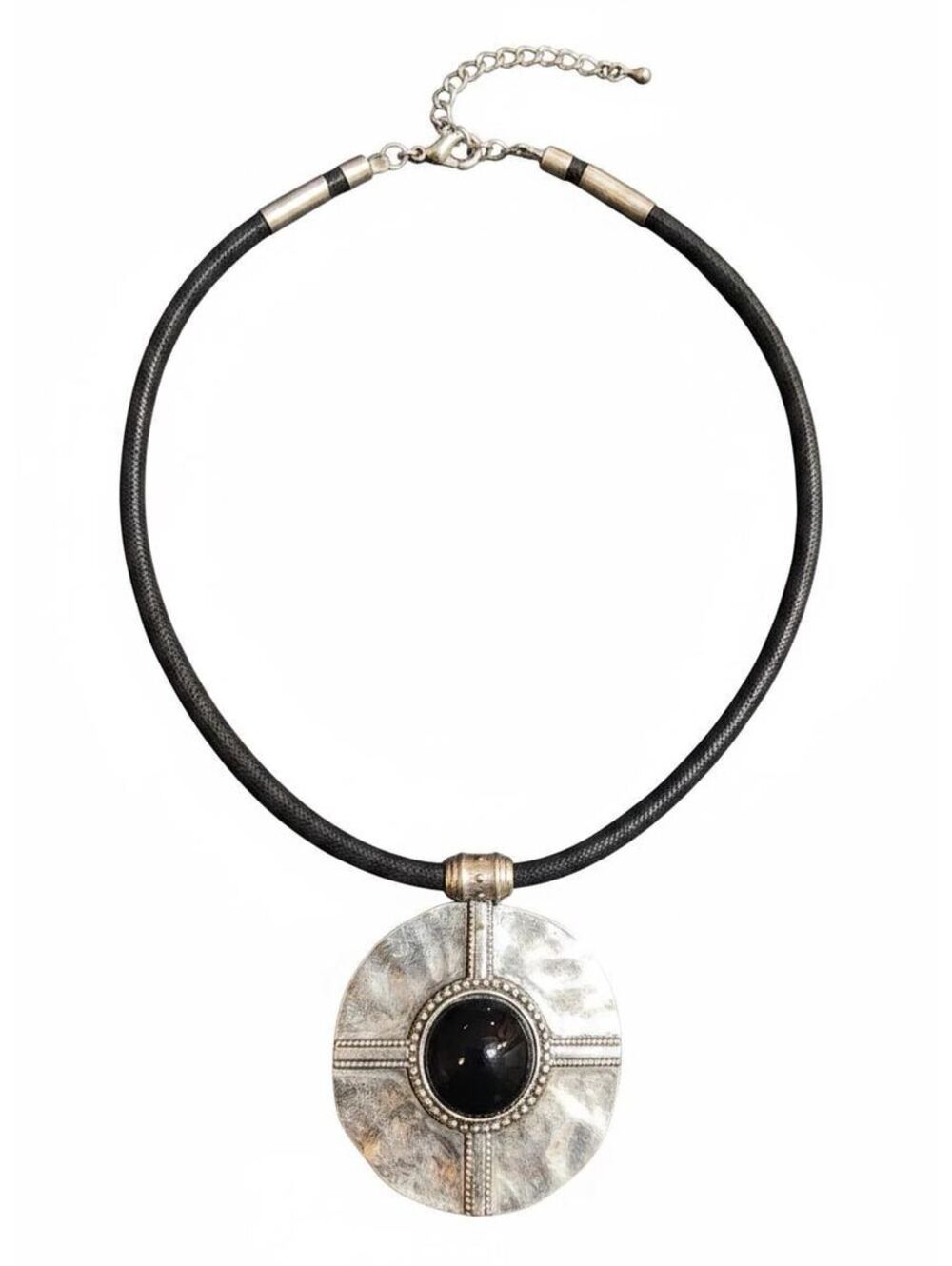 Vintage Silver Choker Necklace Large Textured Discus Pendant Black Cabochon
